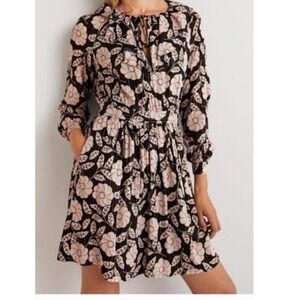 Boden Womens‎ Black Pink Floral Print Long Sleeve Tie Neck Mini Dress